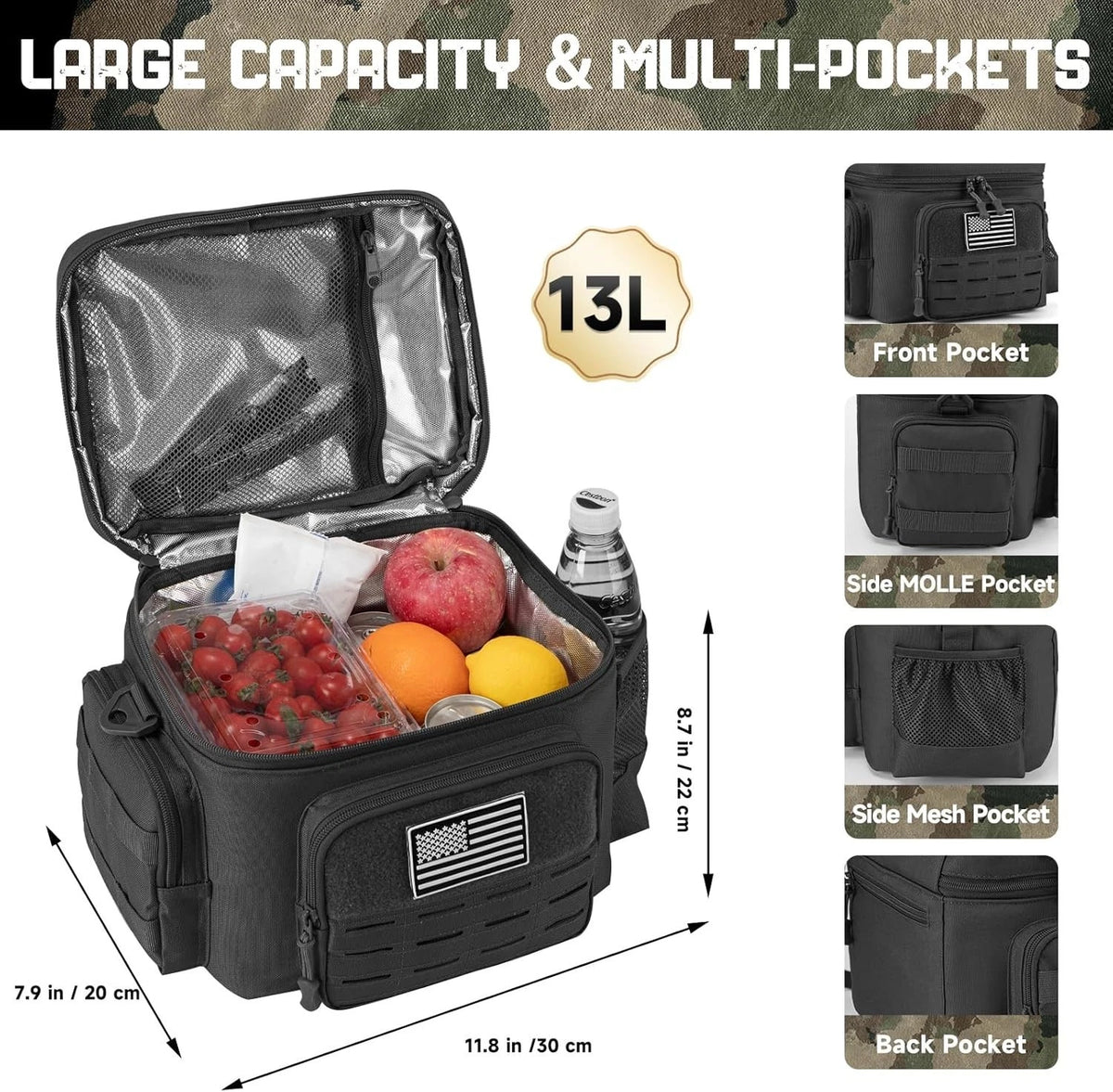 QT&QY Tactical Insulated Lunch Bag with MOLLE Webbing, Black