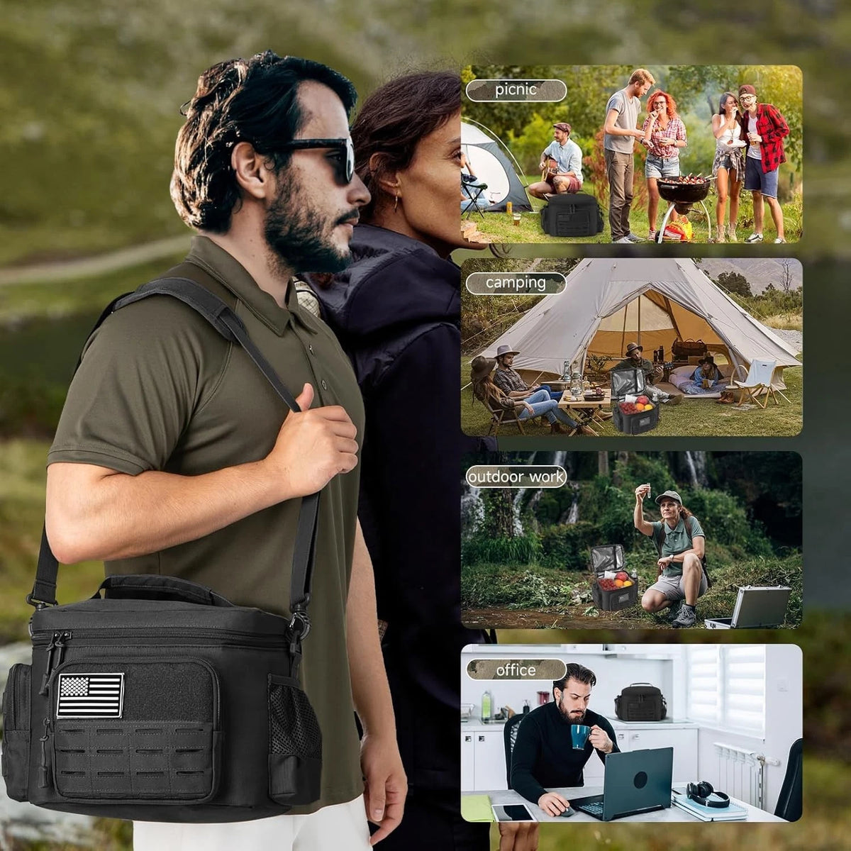 QT&QY Tactical Insulated Lunch Bag with MOLLE Webbing, Black